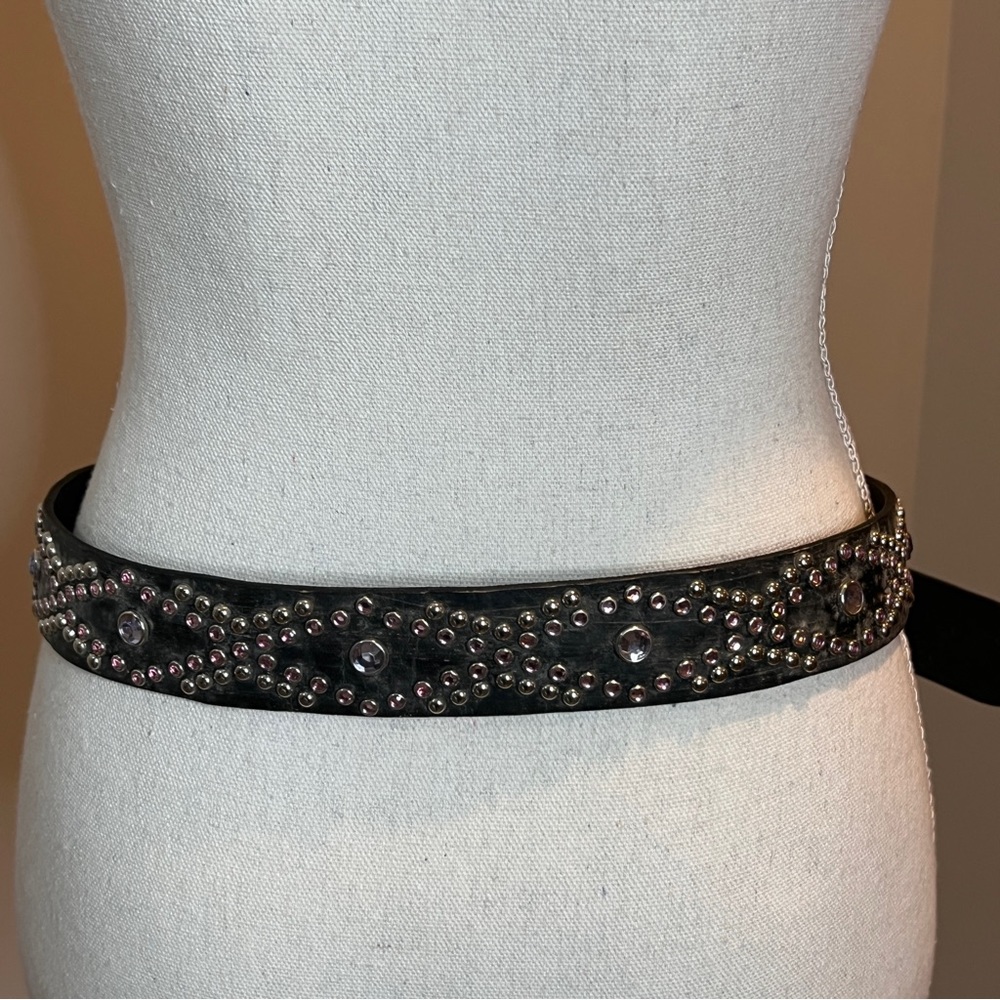 Leather Pink Clear Studded Dark Gray Ladies Fashion Belt Brass Buckle Size M/36" - Picture 3 of 9